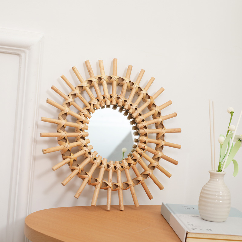 Rattan Mirror Round - Boho Rotan Wandspiegel, Handgemaakte Geweven Sunburst