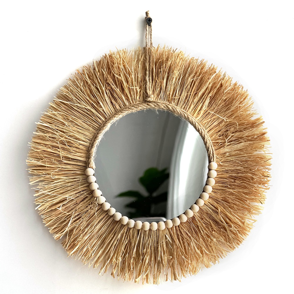 Rattan Mirror Round - Handgemaakte Boho Raffia spiegel muur hangende