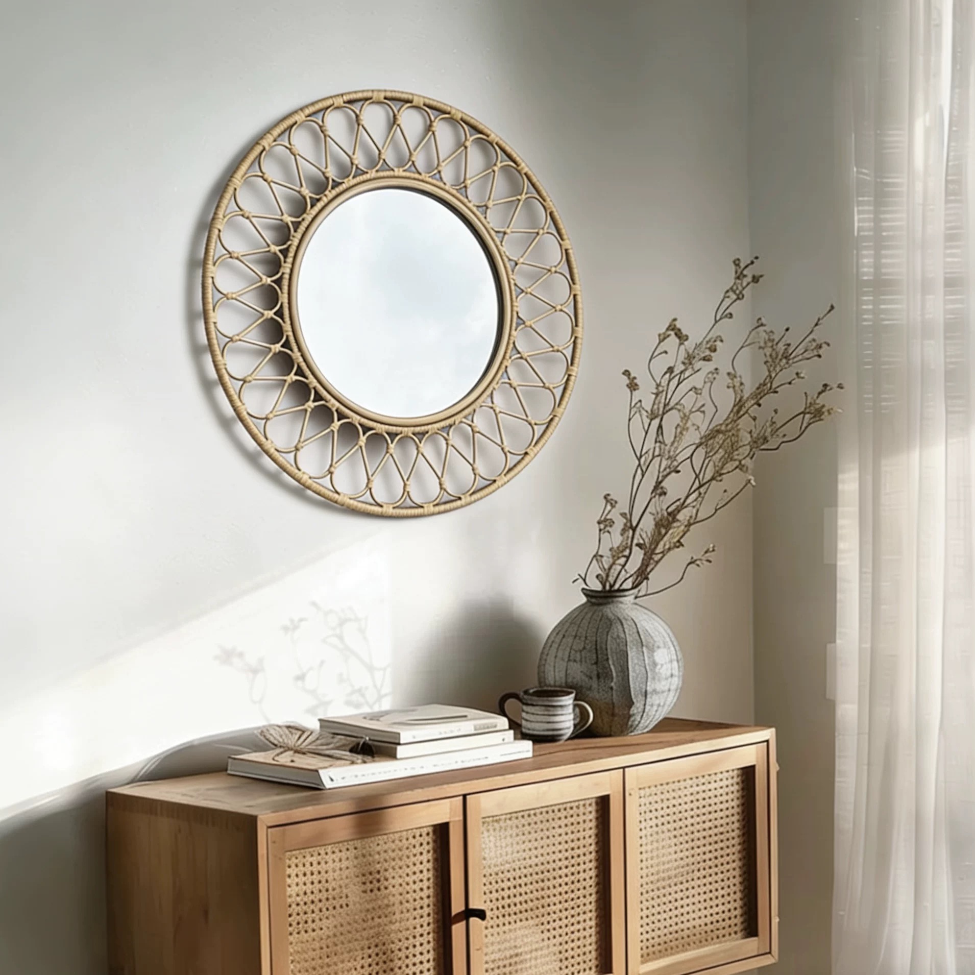 Ronde rotan wandspiegel, natuu - Rattan Mirror Round recensie en prijs